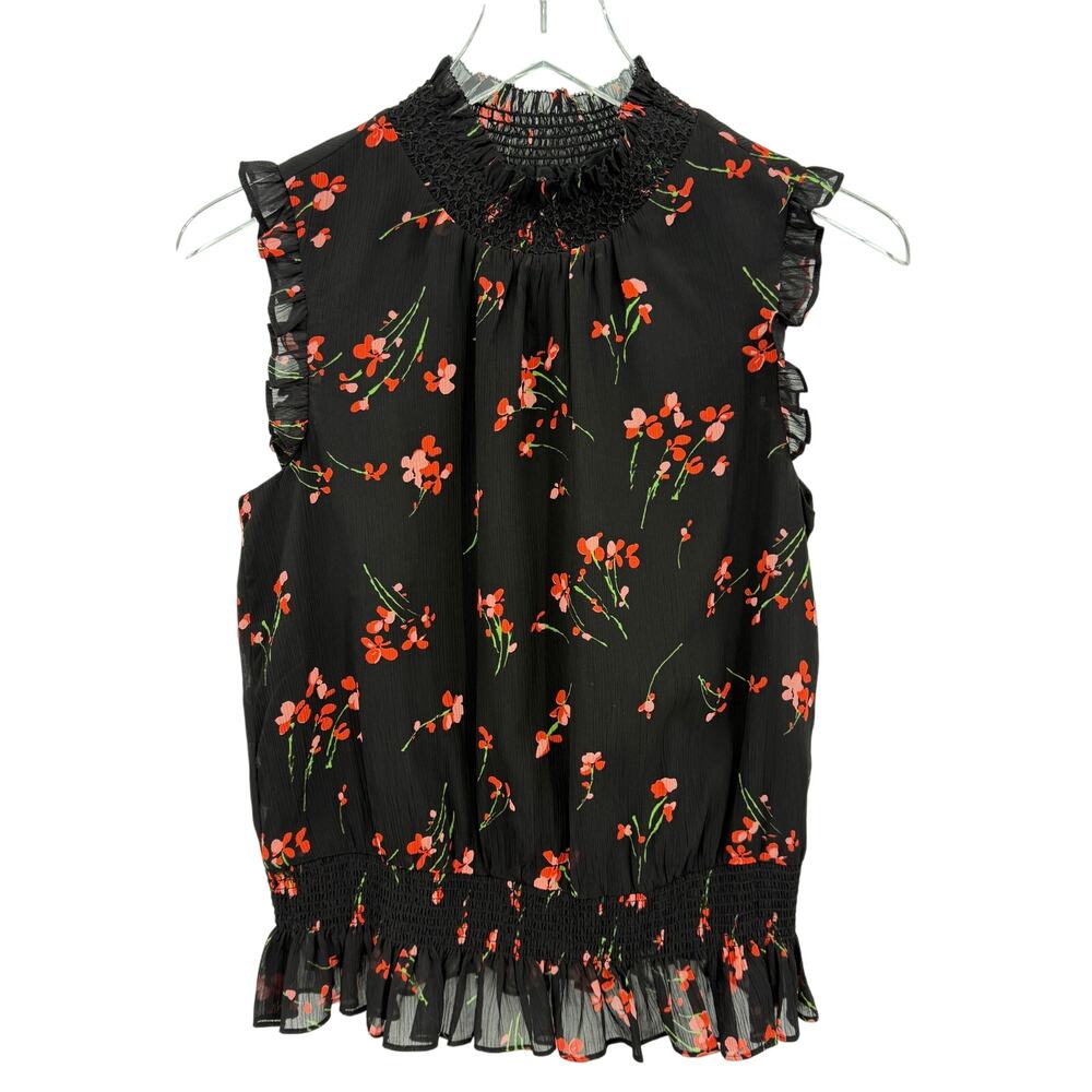 J Crew Black & Floral Ruffle Sleeveless Blouse Top Women's Size 0 NWT